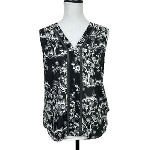 Diane von Furstenberg Black & White Floral Print Silk Blend Sleeveless Blouse